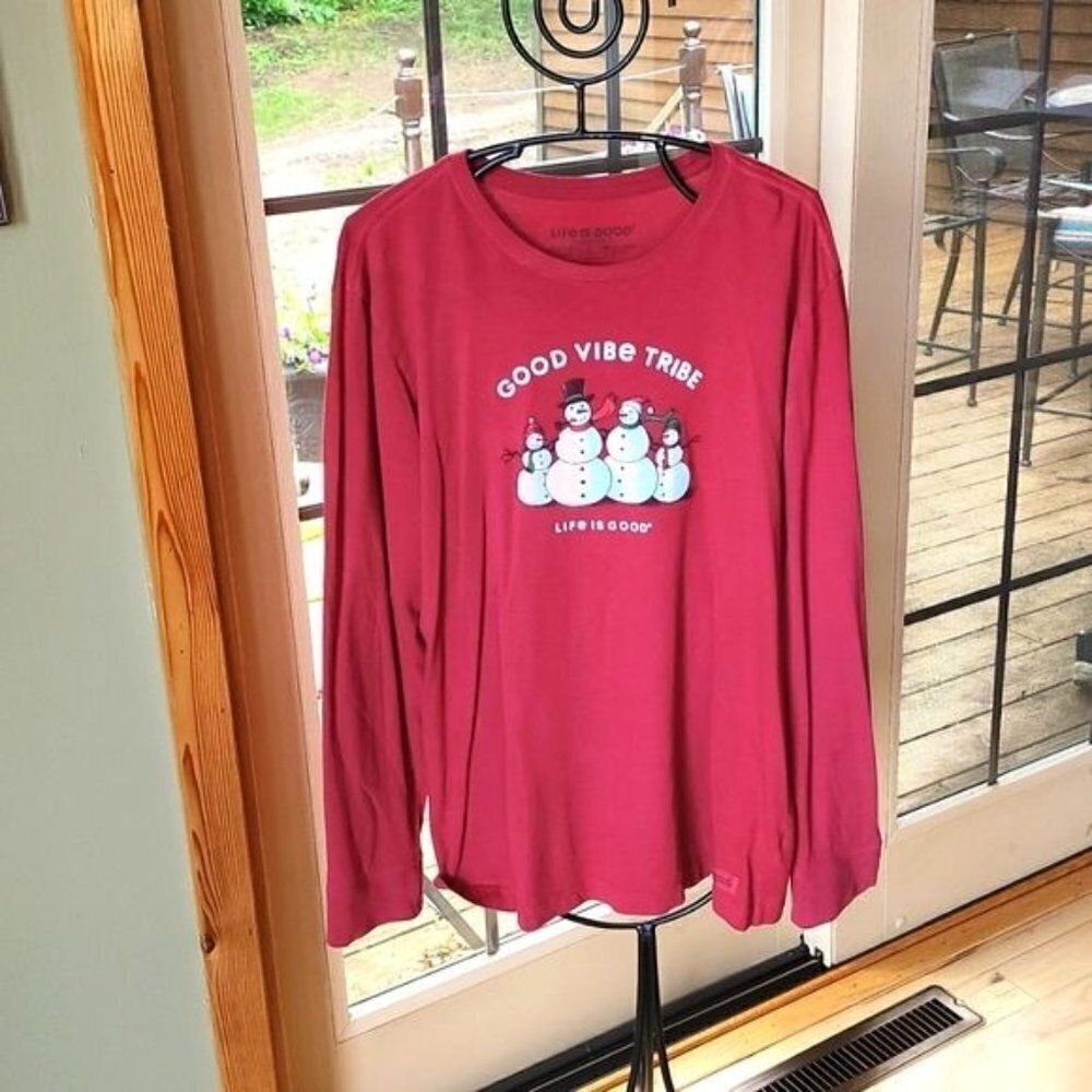 Life is Good "Good Vibe‎ Tribe" Holiday Snowman Long Sleeve Crusher Sz L T-shirt